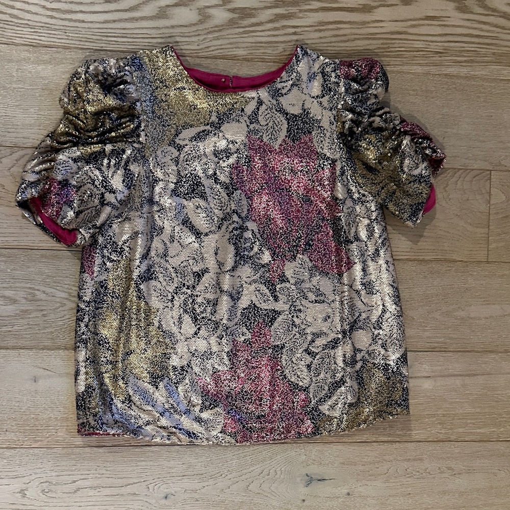 Anthropologie Pink and Gold sequin top with ruched sleeves
